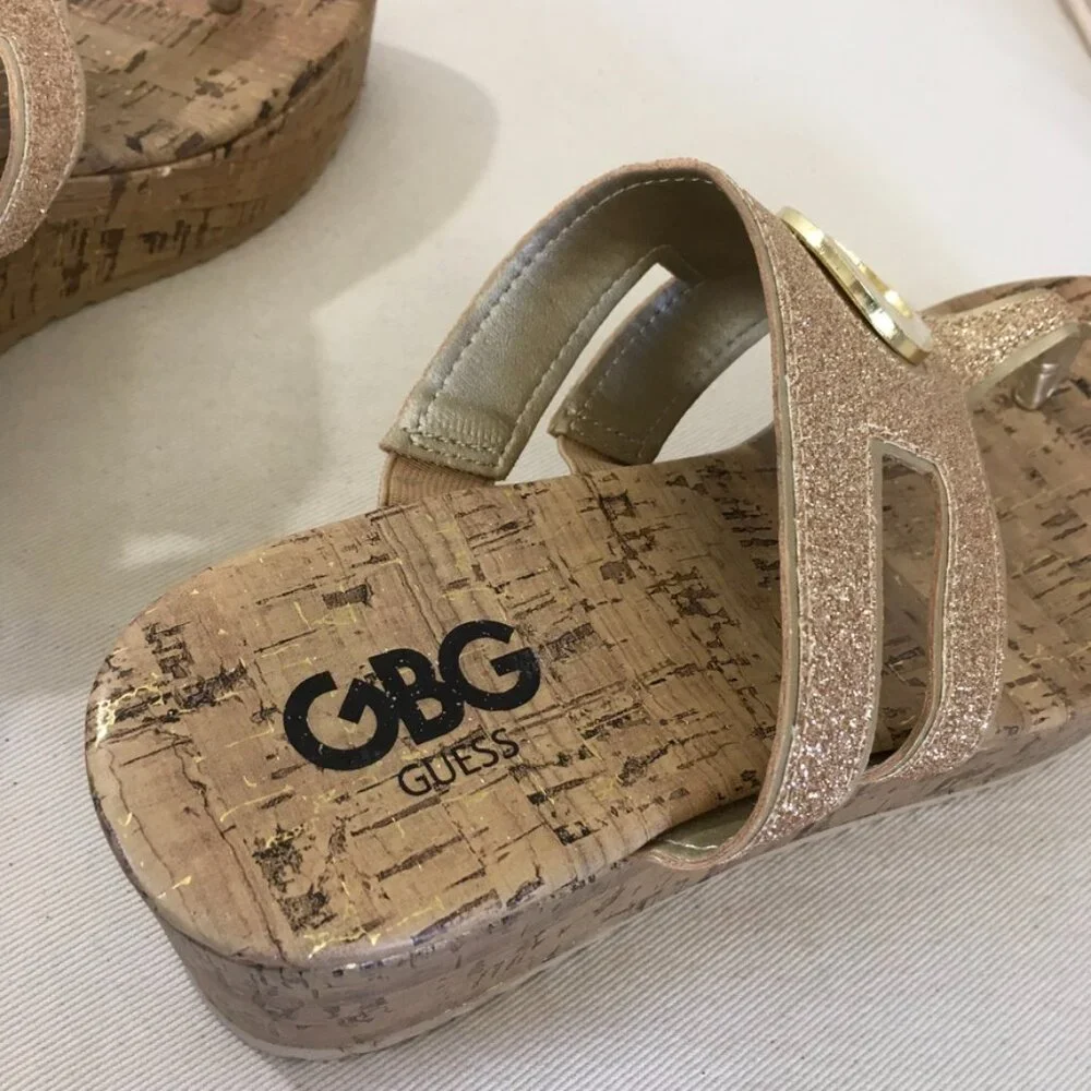 GBG Guess Gold Glitter Cork bottom Wedges
